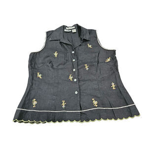 Nikki Valenti 100% Irish Linen Embroidered Floral Button Down Vest Shirt Sz 14
